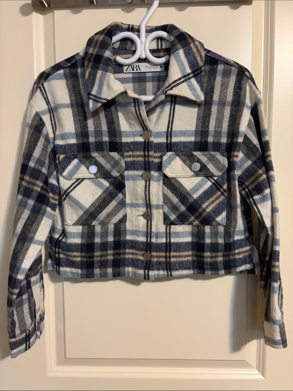 Zara Cream, Navy & Gray Plaid Cropped Jacket